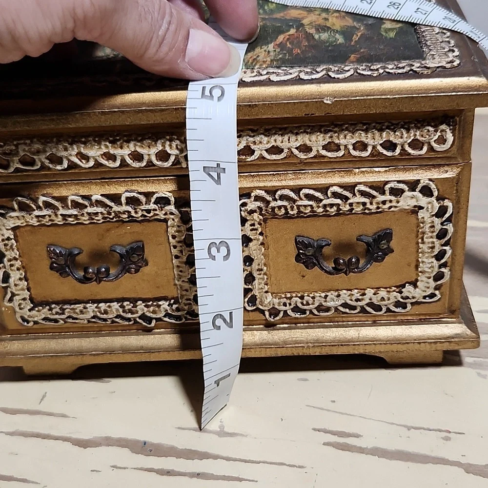 VINTAGE Wood Wind Up Music Jewelry Box Silky Print Antoine Watteau Foote…